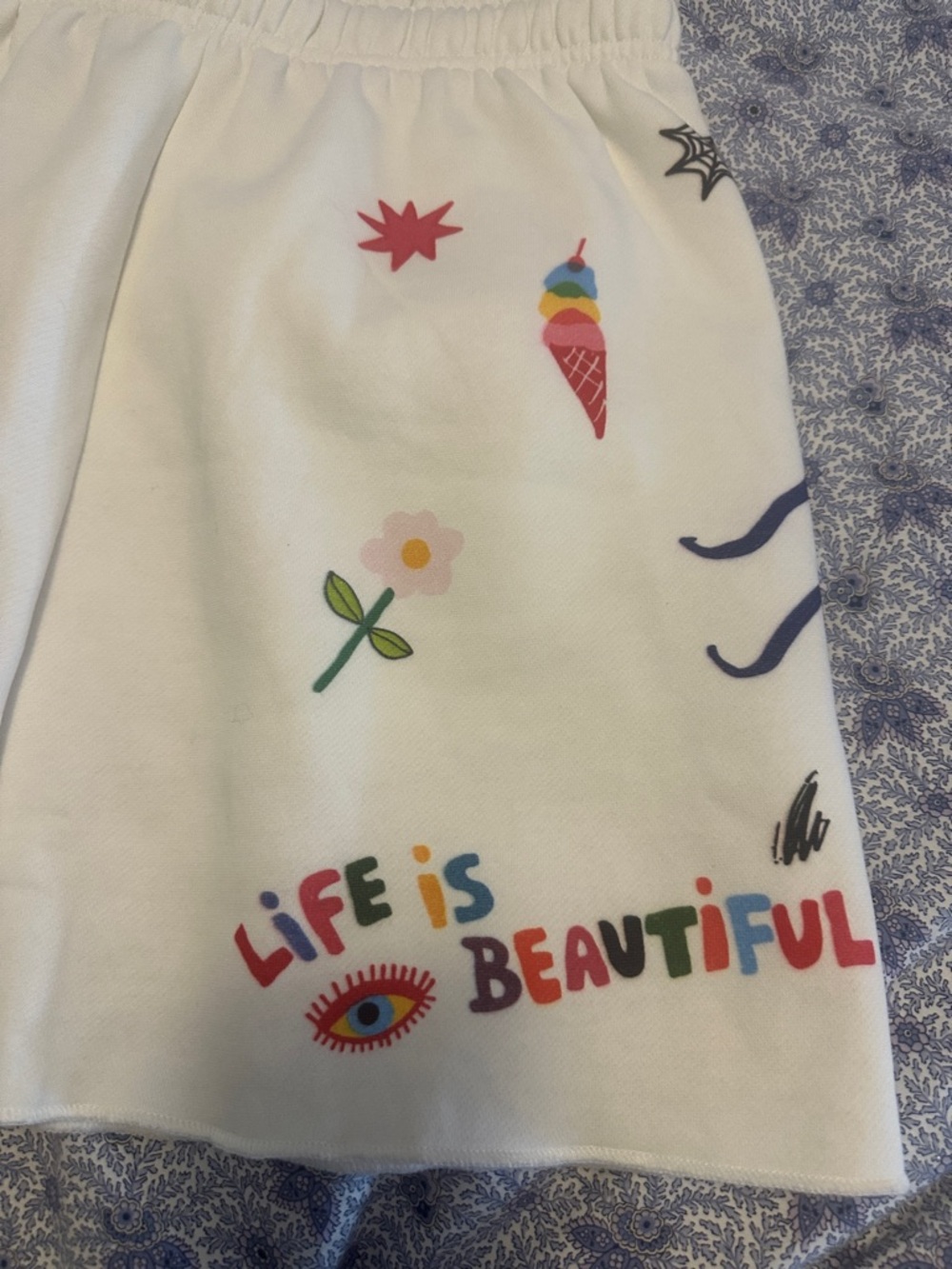 Cream Graphic Athletic Lounge Shorts - Life Is Beautiful Print - Picture 5 of 7